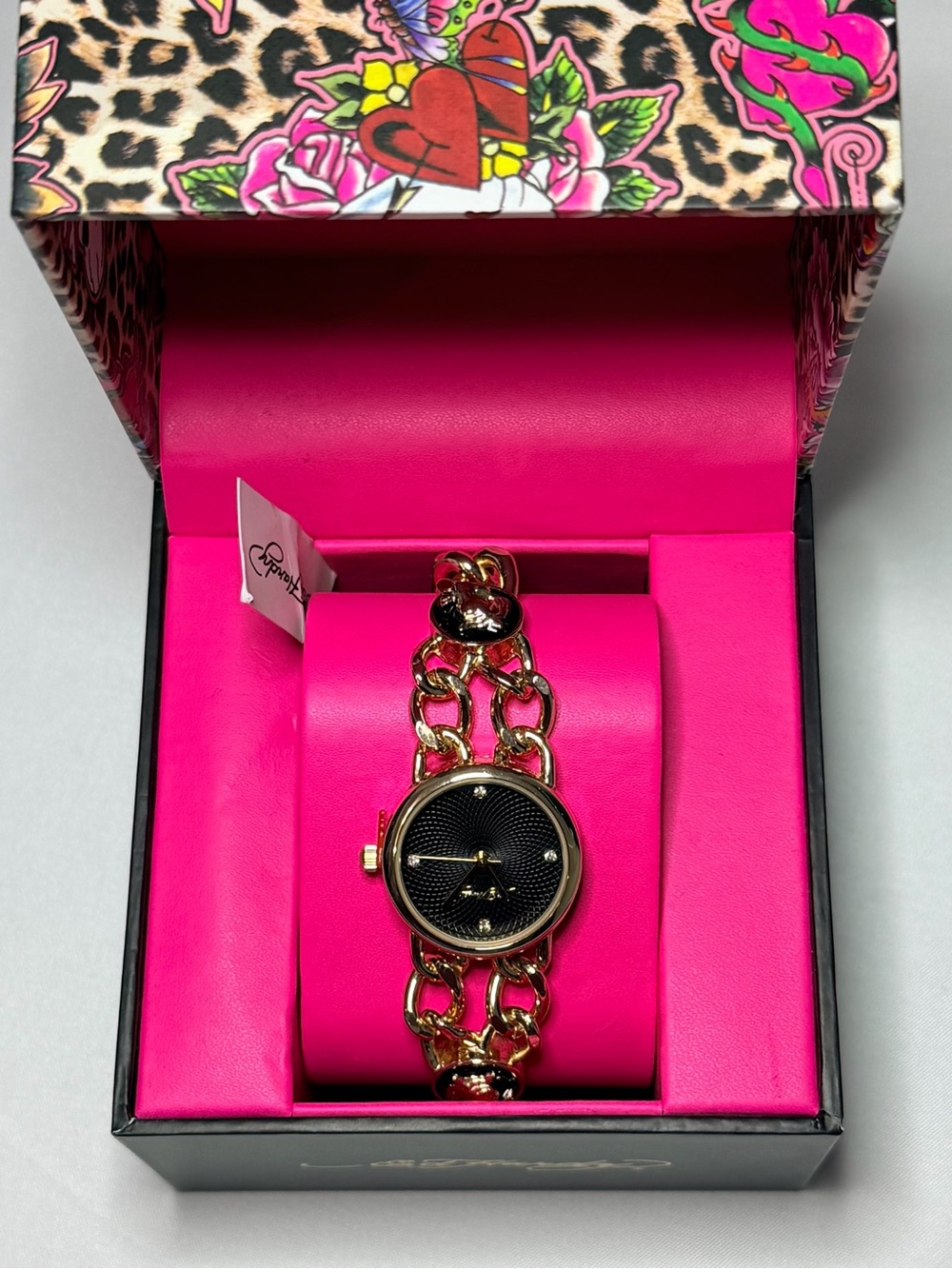 Ed Hardy Gold Chain-Link Women's Watch with Black Dial